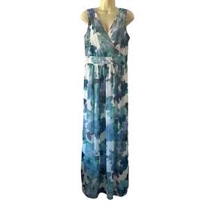 Anne Klein Blue & White Chiffon Floral Print Maxi Dress Romantic Cottagecore